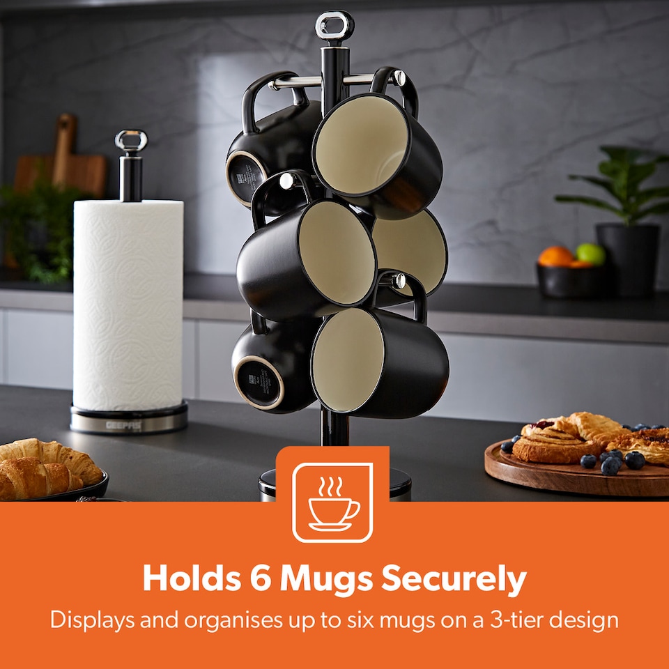 image 1 of GEEPAS Retrovive Mug Tree And Towel Pole Set Black