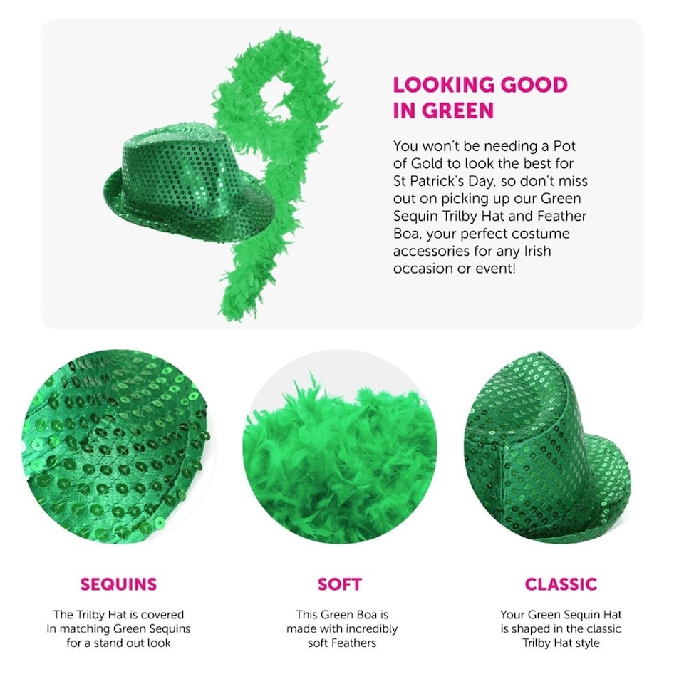 image 1 of Pack Of 4 Green Sequin Trilby Hat & Feather Boa Green | One Size