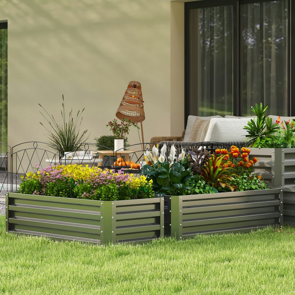 image 1 of Outsunny Set of 2 Raised Garden Bed Galvanised Planter Box, Grey