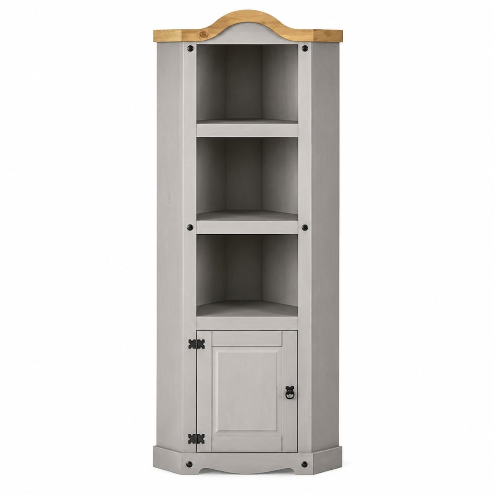 image 1 of Corona Corner Display Unit Grey Bookcase Pine Cupboard 3 Book Shelves