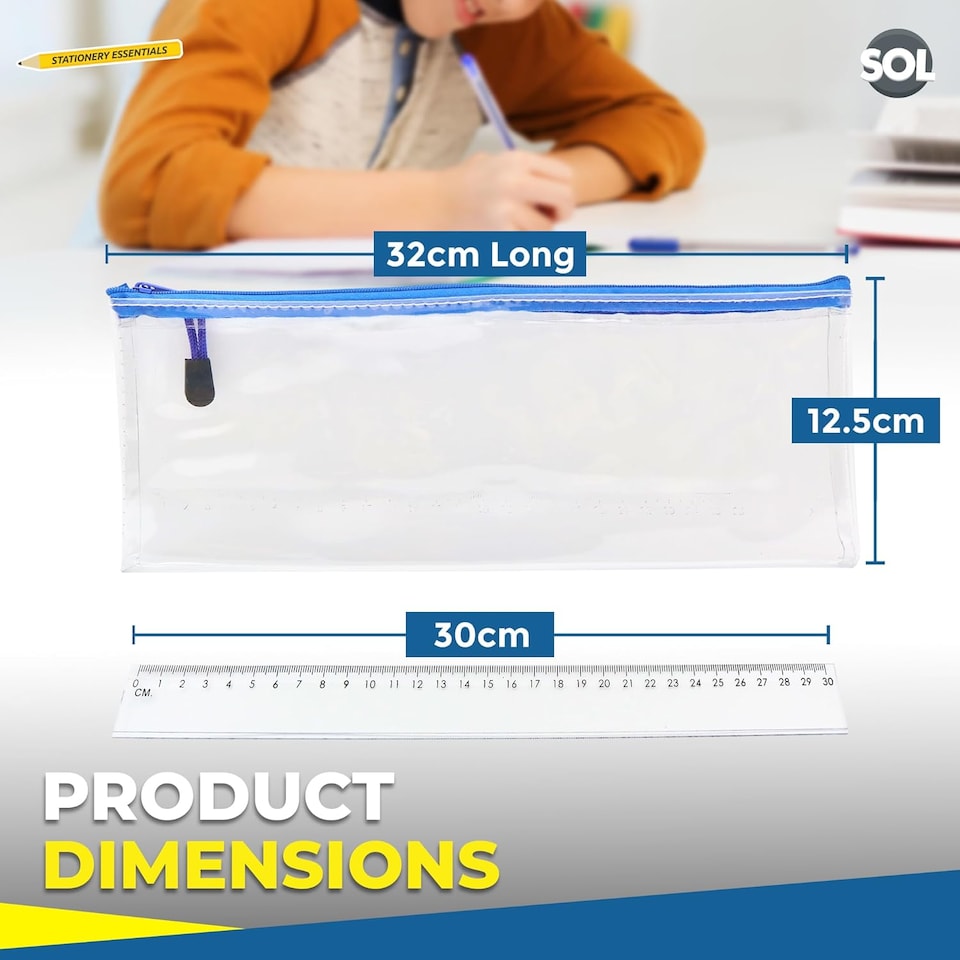 image 1 of Clear Pencil Case with 30cm Ruler – Large Transparent Durable Case for Exams, School Supplies & Organising Pens, Pencils & Tools