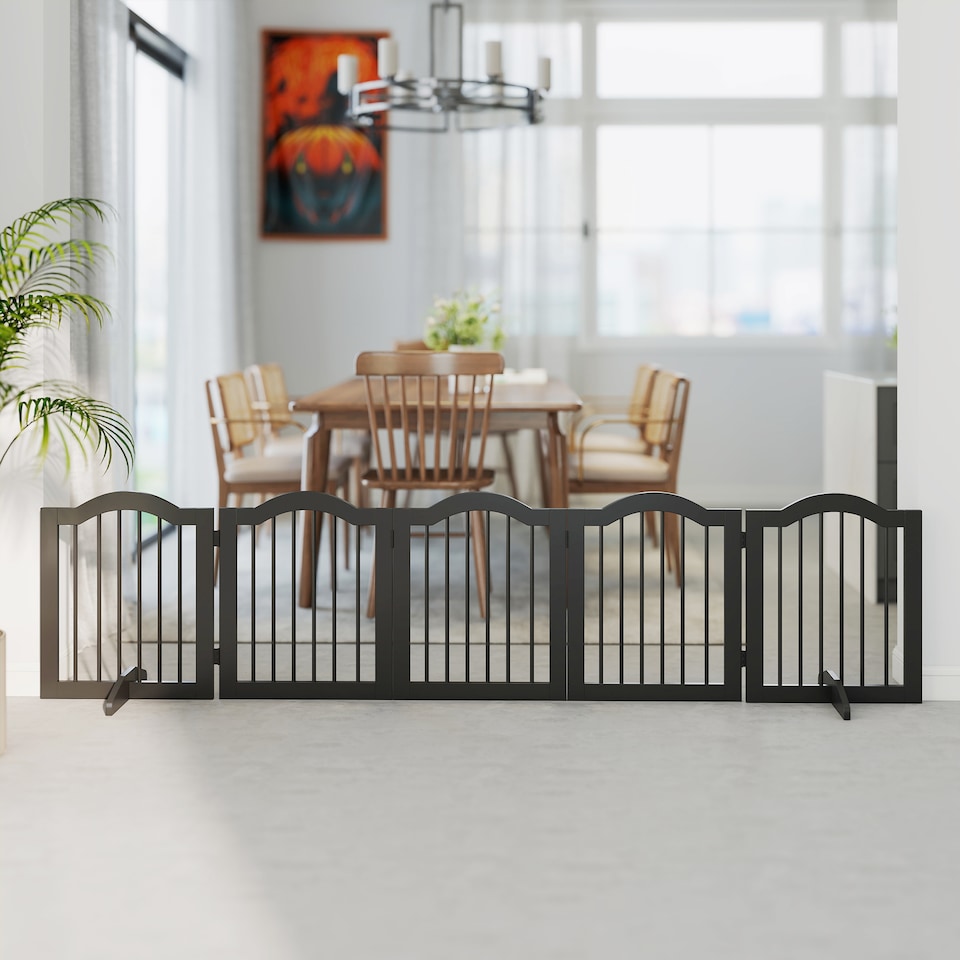 image 1 of PawHut Dog Gate 5 Wood Panel Freestanding Pet Fence Folding Safety Barrier
