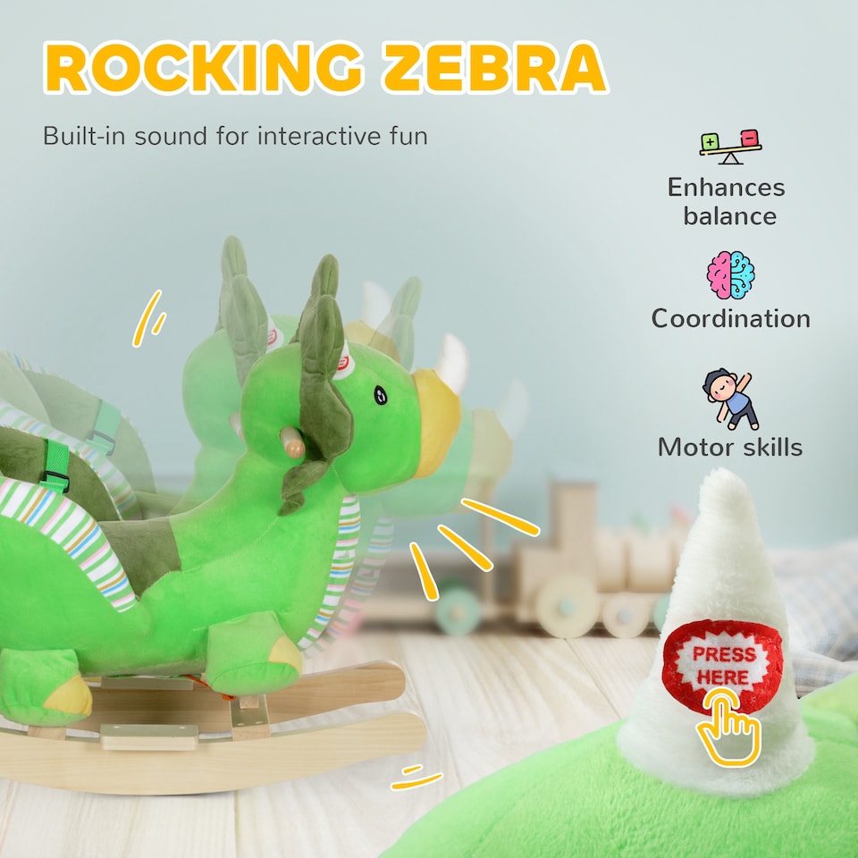 image 1 of AIYAPLAY Rocking Dinosaur Ride on, with Animal Sounds, Safety Belt, Green