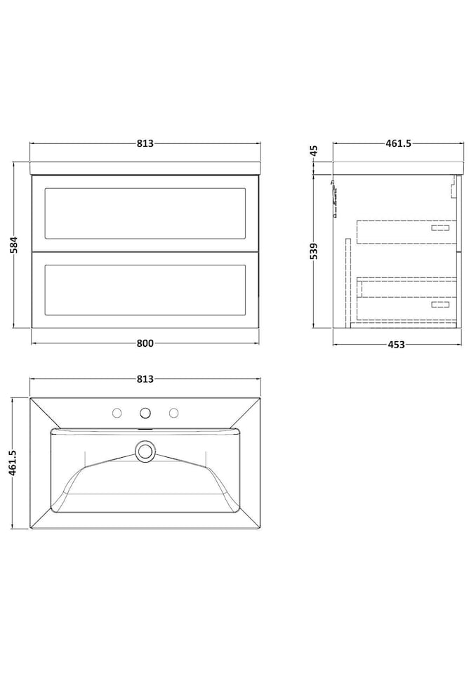 image 1 of Balterley Stonnall Traditional Wall Hung 2 Drawers Vanity Unit with 3 Tap Hole Fireclay Basin, 800mm, Dark Grey