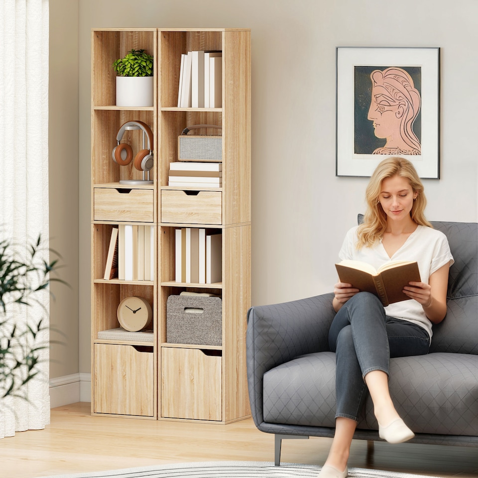 image 1 of HOMCOM 6-Tier Bookcase, Tall Narrow Bookshelf with Drawer, Door, Adjustable Shelf, Modern Display Standing Shelving Unit for Living Room, Home Office, Bedroom, 30 x 24 x 158 cm, Natural Wood Finish | Brown | Natural wood finish