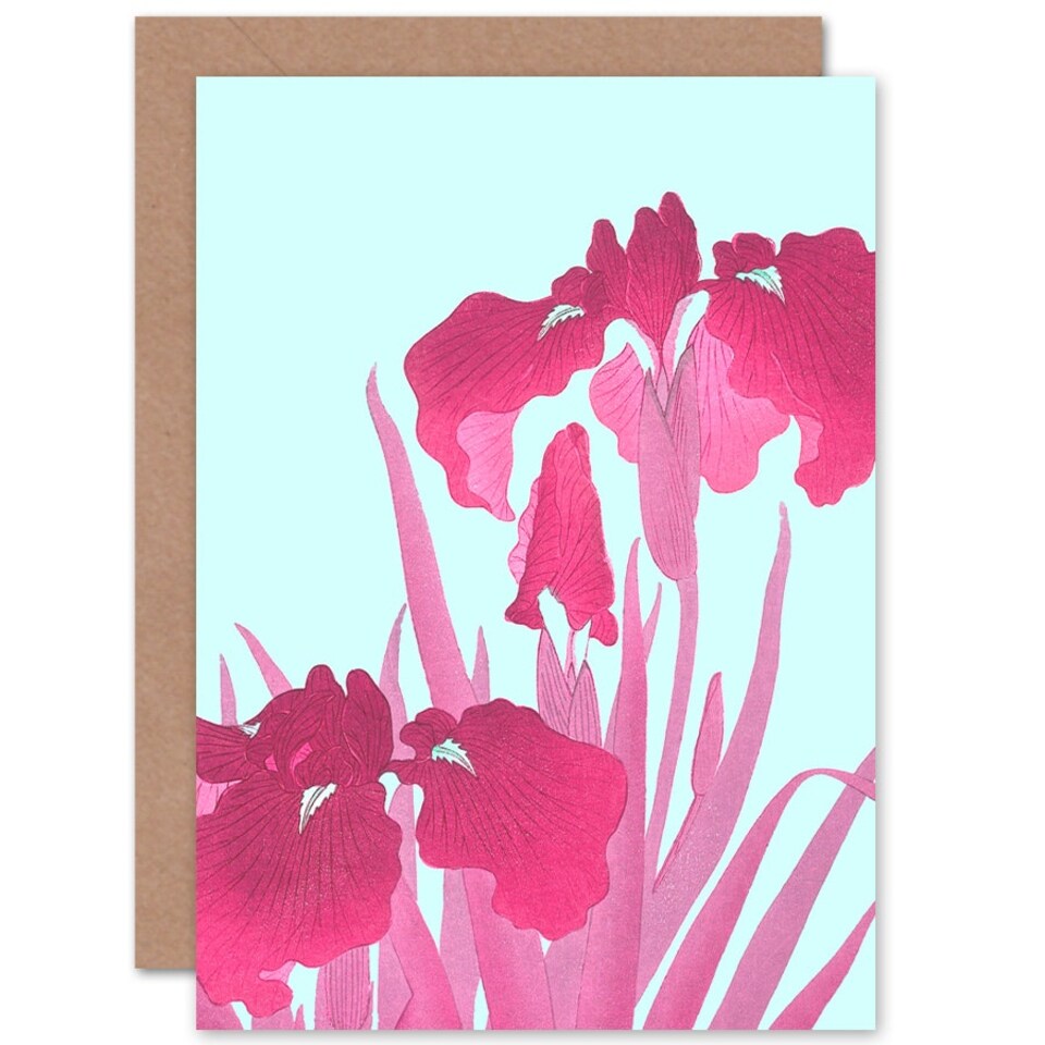 image 1 of Ohara Koson Pink Iris Flowers Turquoise Floral Design Greeting Card
