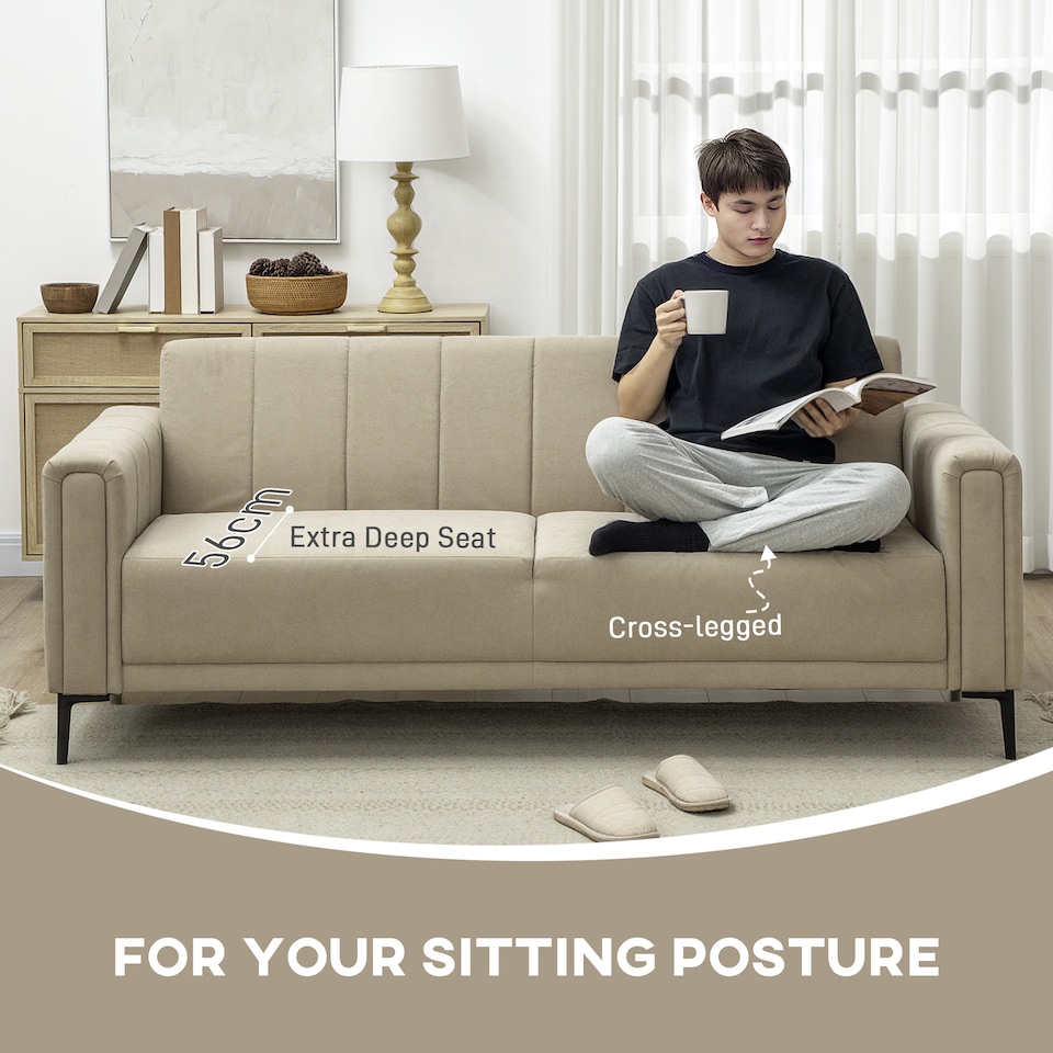 image 1 of HOMCOM 3 Seater Sofa, Modern Fabric Sofa Couch, Channel Tufted Upholstered Sofa Settee for Living Room, Guest Room, Bedroom, Home Office, Khaki | Yellow