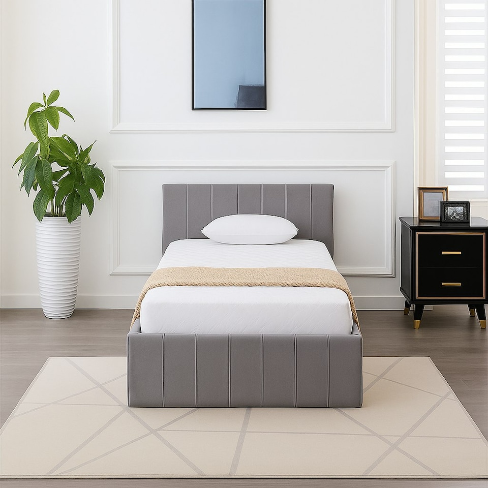 image 1 of Ottoman Storage Bed grey 3ft single and 1 mattress line pattern fabric velvet bedroom furniture