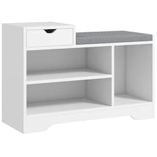 HOMCOM Shoe Storage Bench, Shoe Rack Bench with Seating Cushion, Drawer, 3 Open Compartments and Table Top for Entryway, Hallway, White | White | White