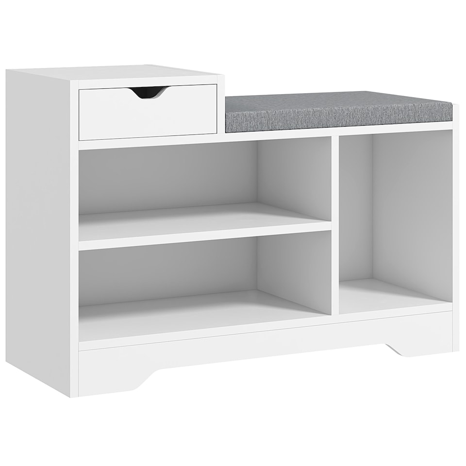 image 1 of HOMCOM Shoe Storage Bench, Shoe Rack Bench with Seating Cushion, Drawer, 3 Open Compartments and Table Top for Entryway, Hallway, White | White | White
