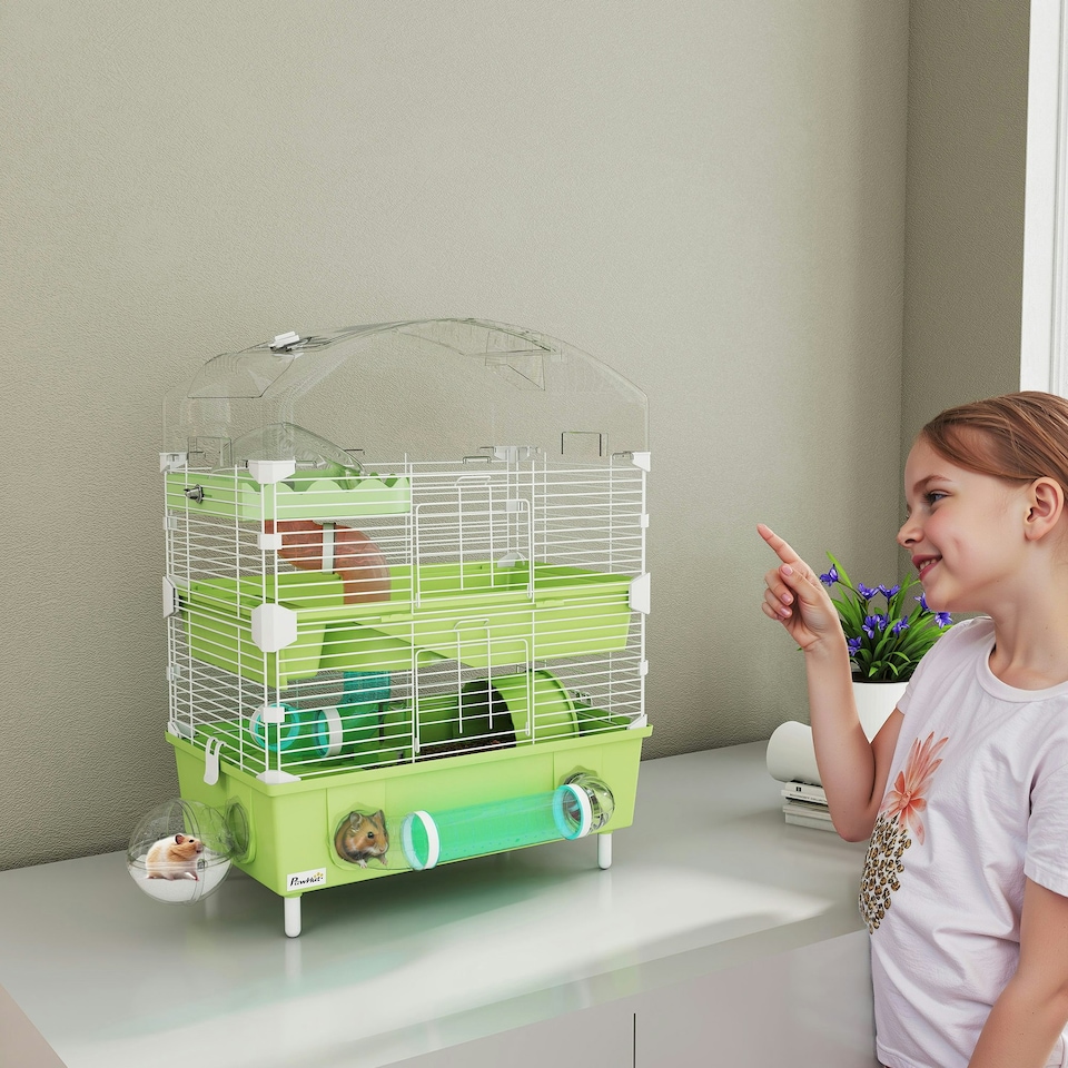 image 1 of PawHut 3-Tier Hamster Cage, Hamster Habitat with Accessories, Green