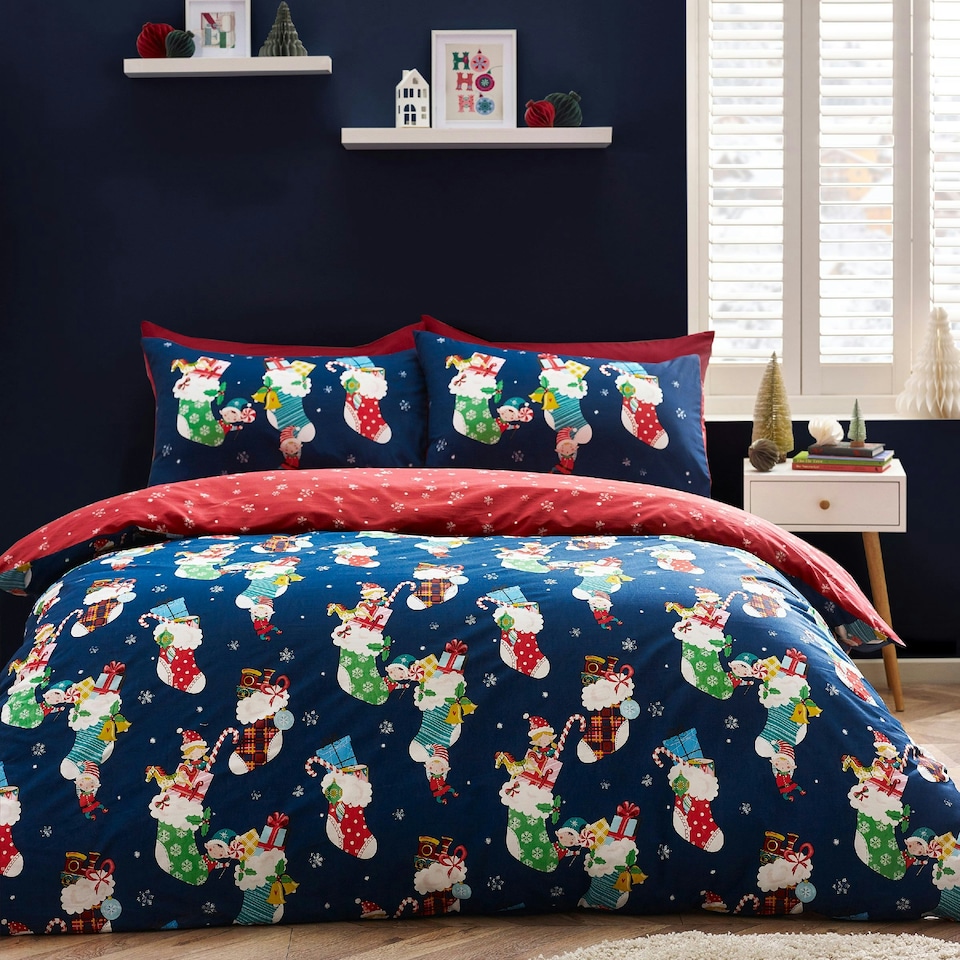 image 1 of Catherine Lansfield Christmas Elves Cotton Rich Duvet Cover Set Navy Blue | Blue | Navy Blue | Single