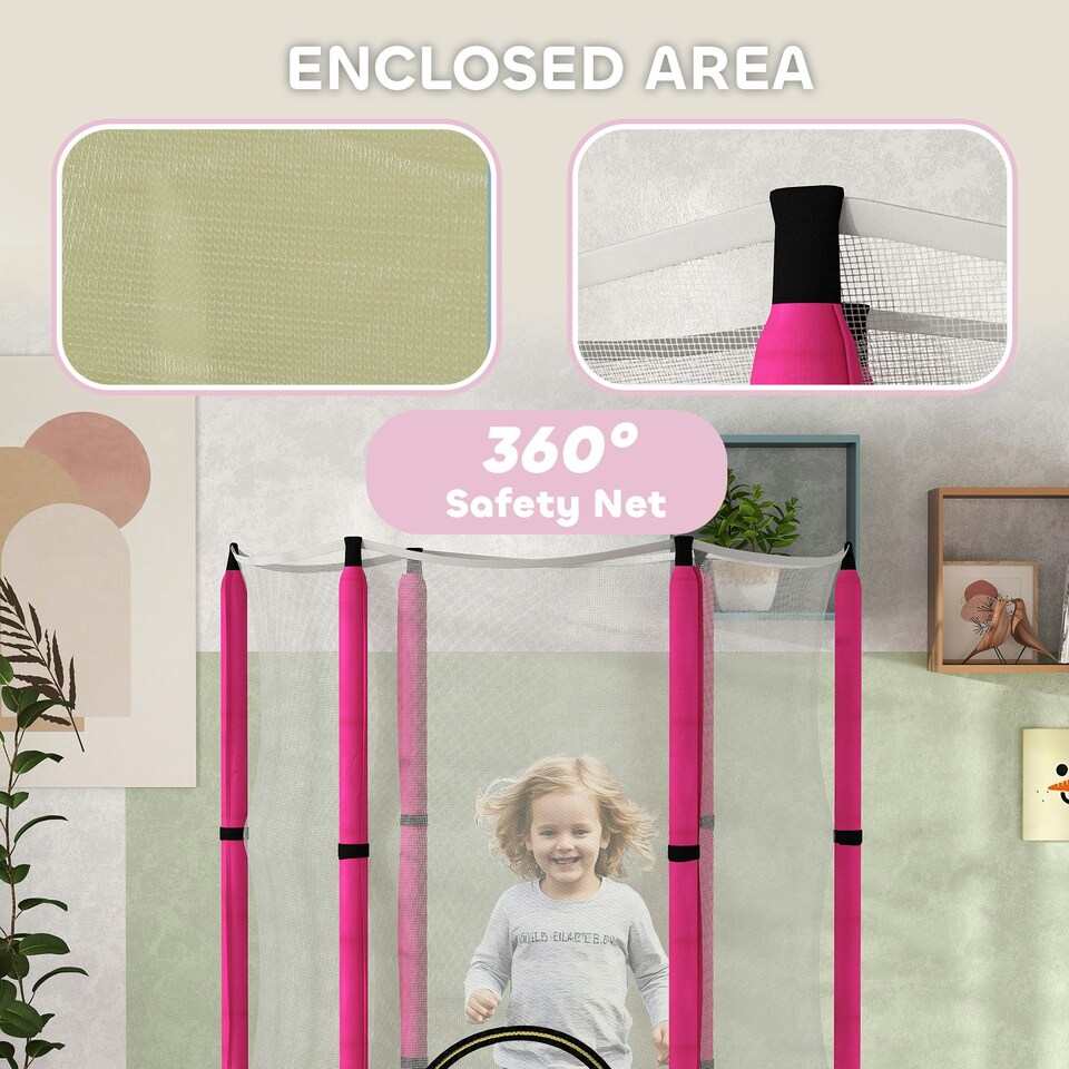 image 1 of AIYAPLAY 4.6FT Kids Trampoline with Safety Enclosure Net, Pink