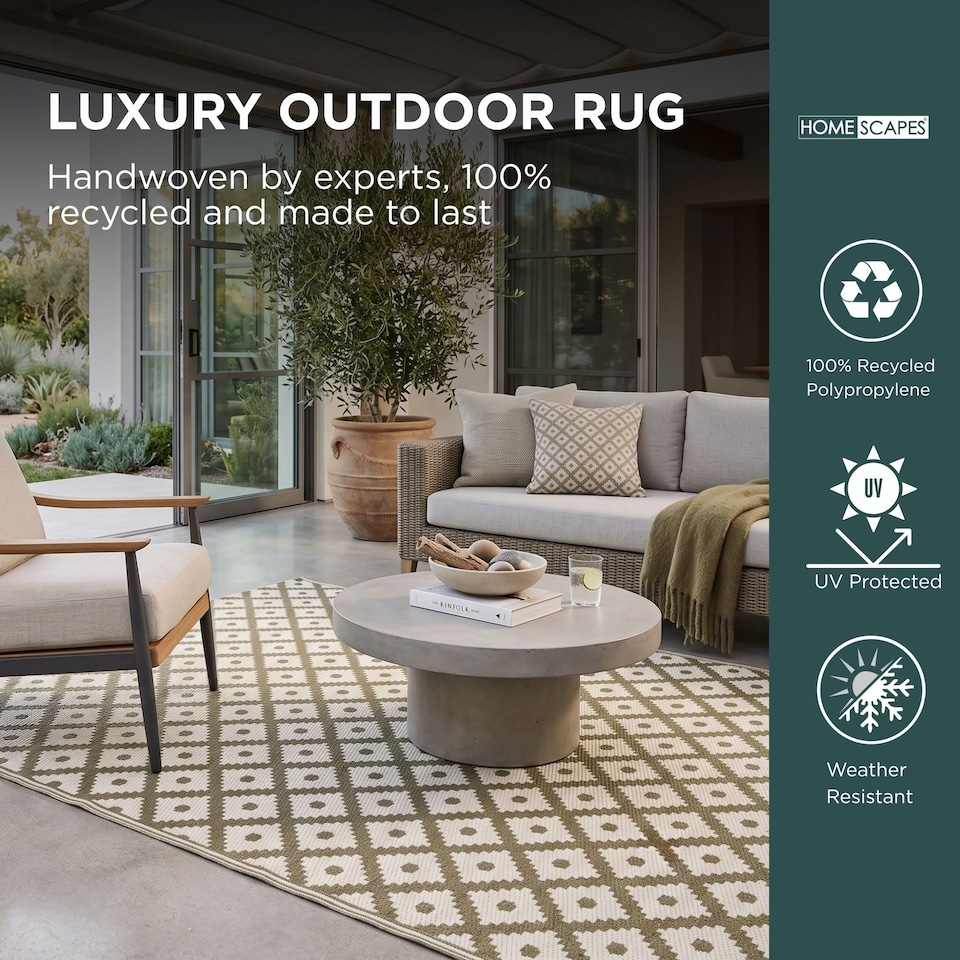 image 1 of Homescapes Outdoor Rug Luxury Waterproof Reversible Recycled, For Garden, May Geometric | Green | Olive Green