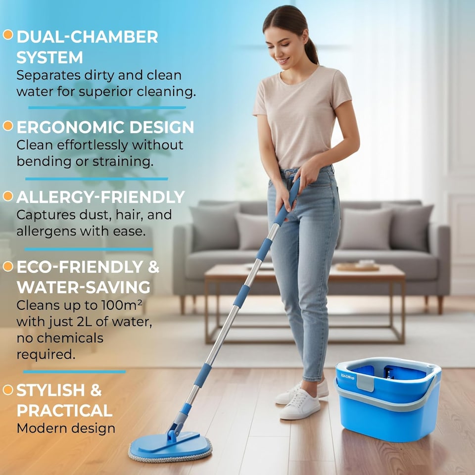 image 1 of IGADMop Professional Set with Bucket, 2 Chamber System for Separating Dirty and Clean Water, 130 cm Telescopic Handle, Microfibre Mop Pad