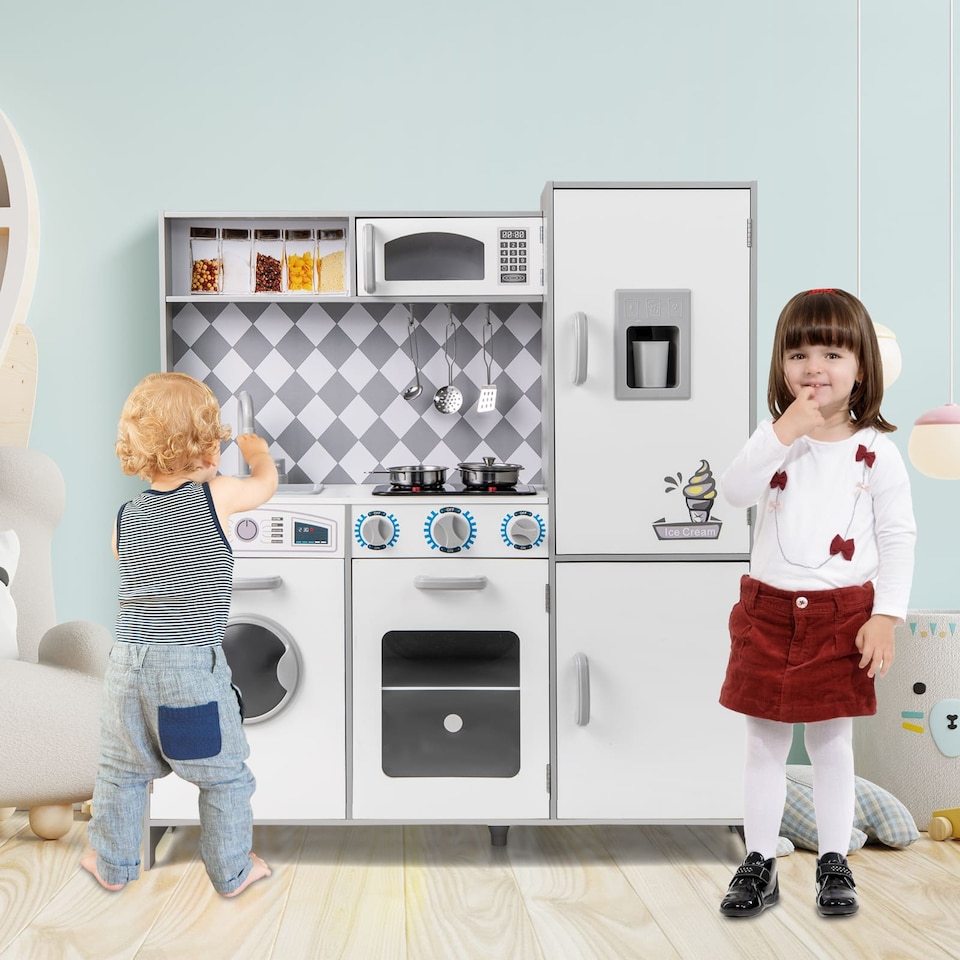 image 1 of COSTWAY Pretend Play Kitchen Kids Wooden Toy Set Kitchen Accessory Playset White