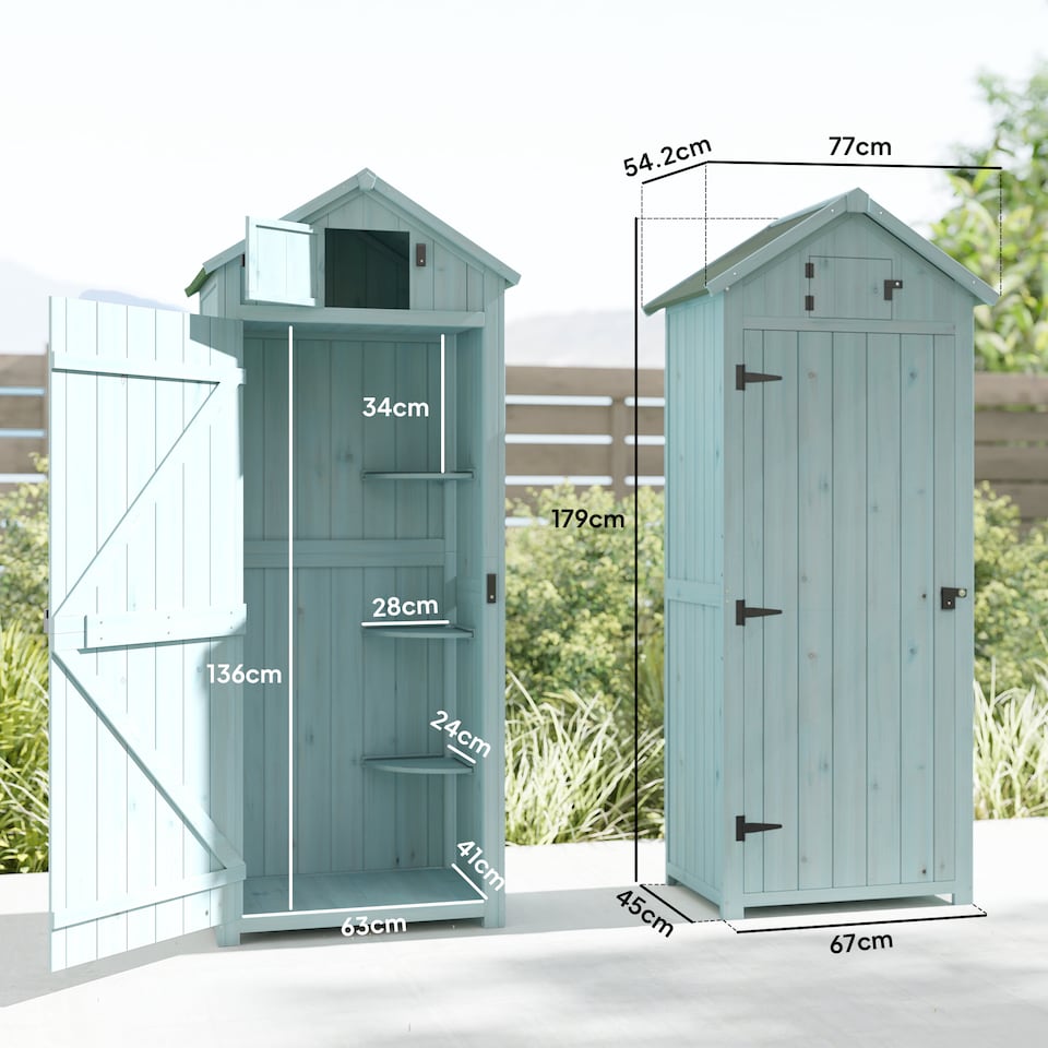 image 1 of Outsunny Garden Shed Vertical Utility 3 Shelves Shed Wood Outdoor Garden Tool Storage Unit Storage Cabinet, 77 x 54.2 x 179cm  Blue