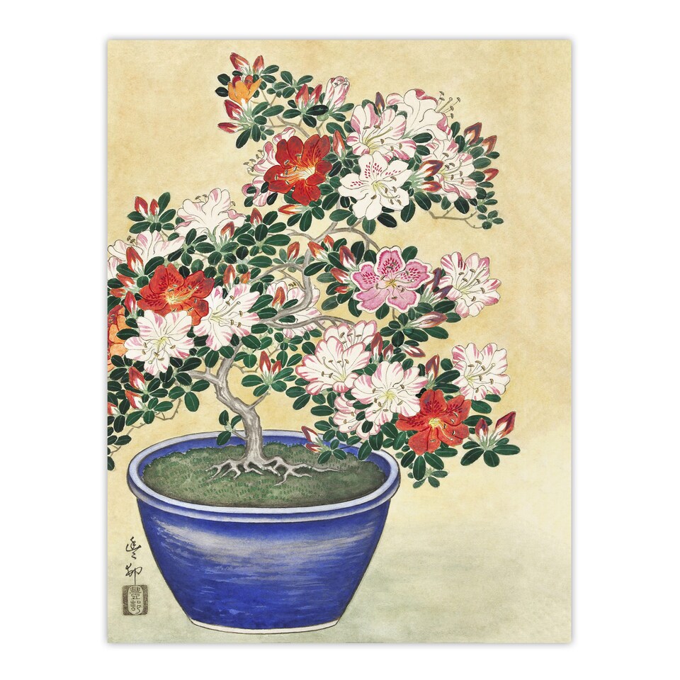 image 1 of Blooming Azalea In Blue Pot Vintage Japan Wall Art Print Koson 24x32"