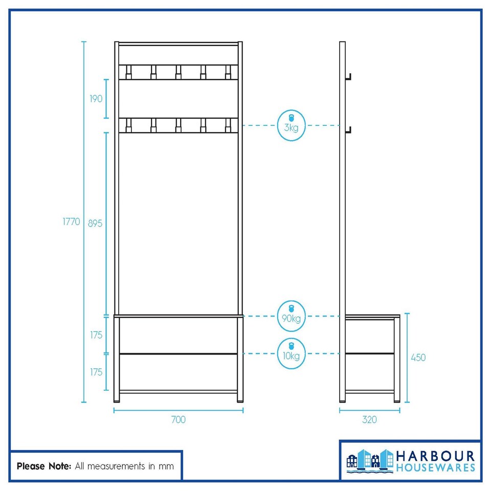 image 1 of Harbour Housewares Square Steel Coat Rack with Shoe Storage Bench - Black/Black | Black | Black/Black | One Size