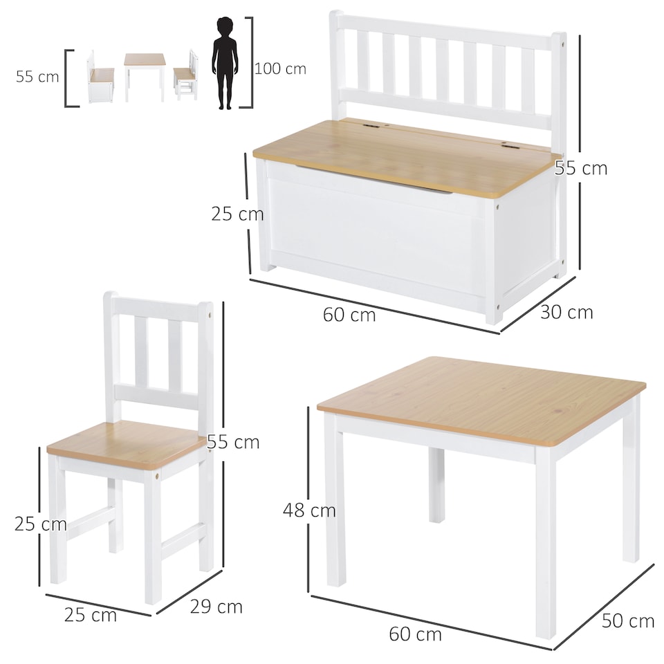image 1 of HOMCOM 4-Piece Set Kids Wood Table Chair Bench w/ Storage Function for 3 Years+