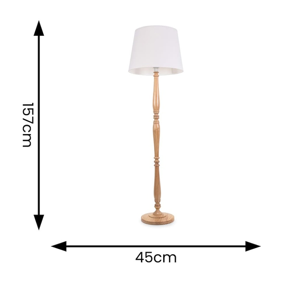 image 1 of ValueLights Victoria Light Wood Traditional Stem Floor Lamp with White Fabric Tapered Shade & Bulb | White