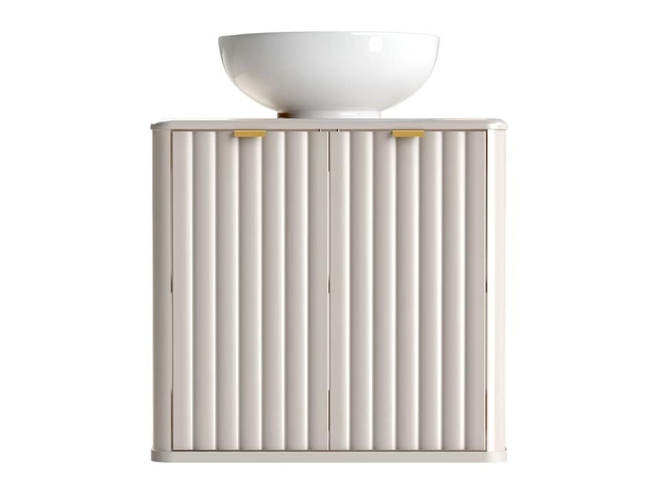 image 1 of Beige Bathroom Vanity Sink Unit Wall Hung Ribbed Cabinet 600mm Countertop with Basin Oren