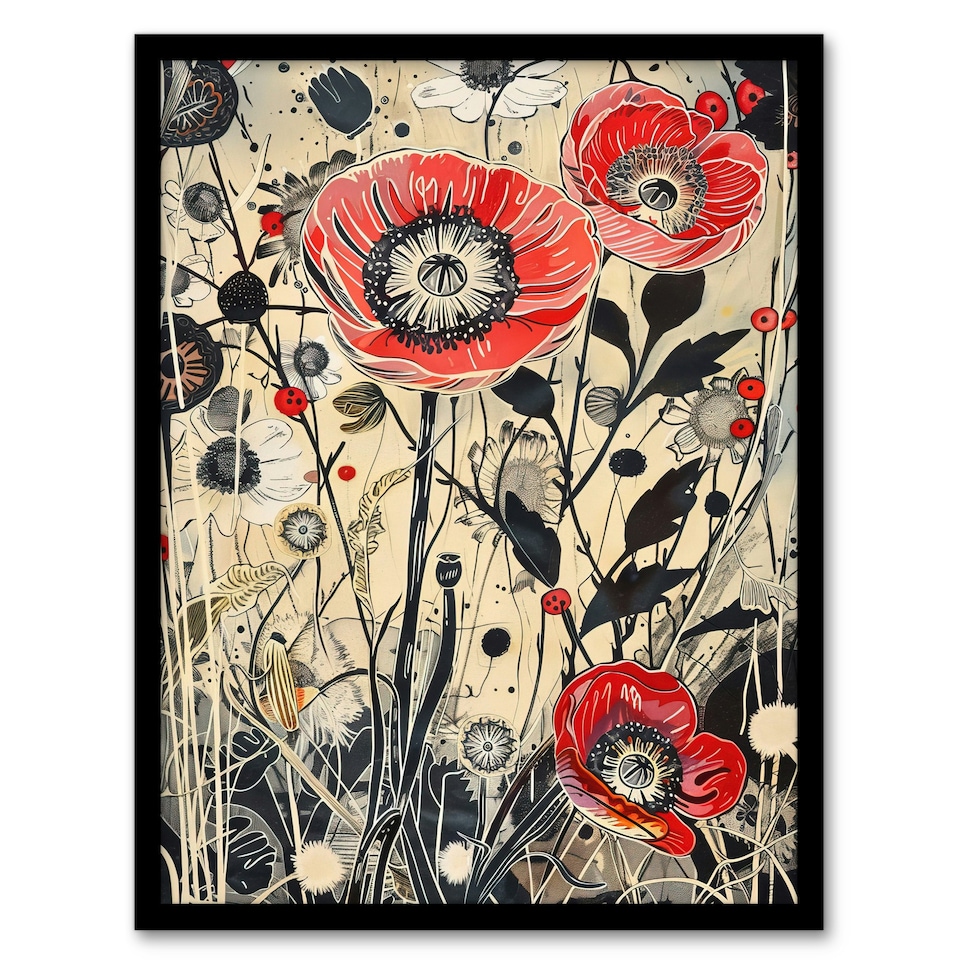 image 1 of Wildflower Field Spring Poppy Flowers Living Room Black Framed Wall Art Print A4