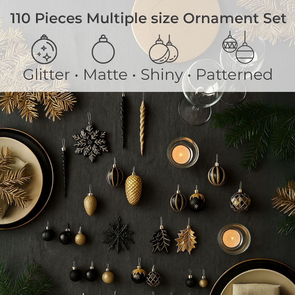 image 1 of Neo Large 110PCS Christmas Tree Bauble Ornaments Set | Black