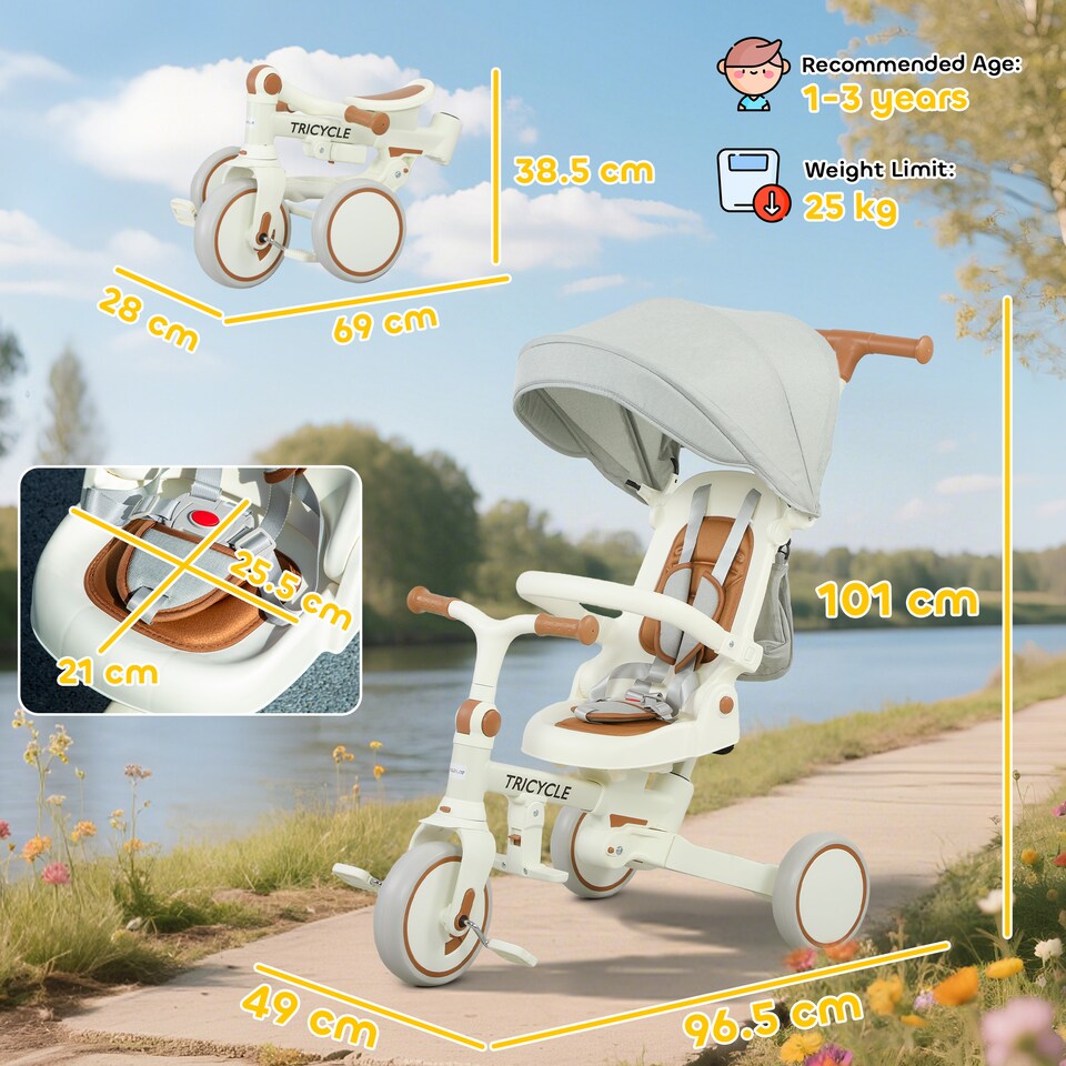 image 1 of AIYAPLAY 5 in 1 Foldable Kids Trike, Toddler Tricycle for 1-3 Years, Cream White