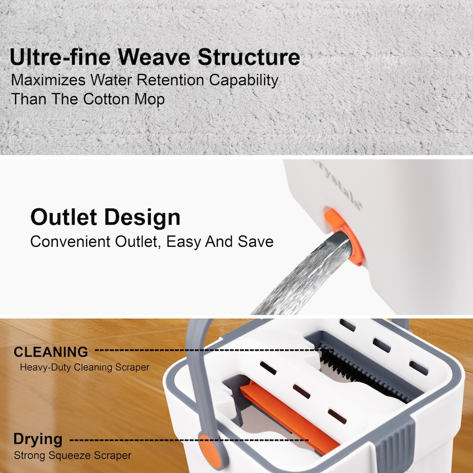 image 1 of 360 Flat Mop & Bucket Set Squeeze Dry Microfibre Floor Cleaner with 2 Refill Pads