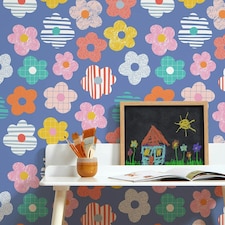 Miss Daisy Wallpaper in Multicoloured Brights on Blue Multi