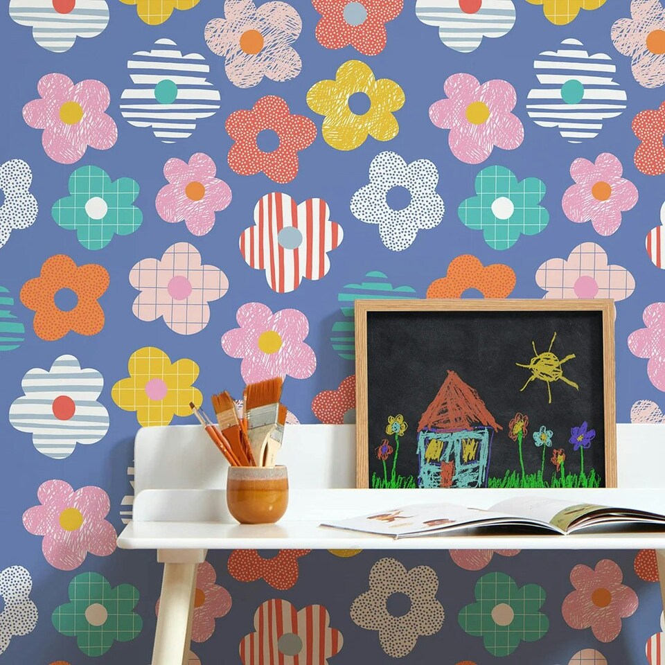 image 1 of Miss Daisy Wallpaper in Multicoloured Brights on Blue Multi