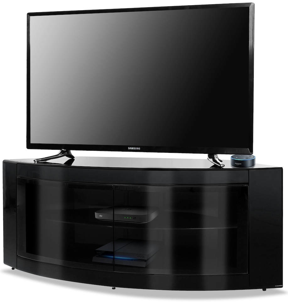 image 1 of Centurion Supports PANGEA Gloss Black Beam-Thru Curved Tru-Corner 32"-50" TV Cabinet | Black | 1