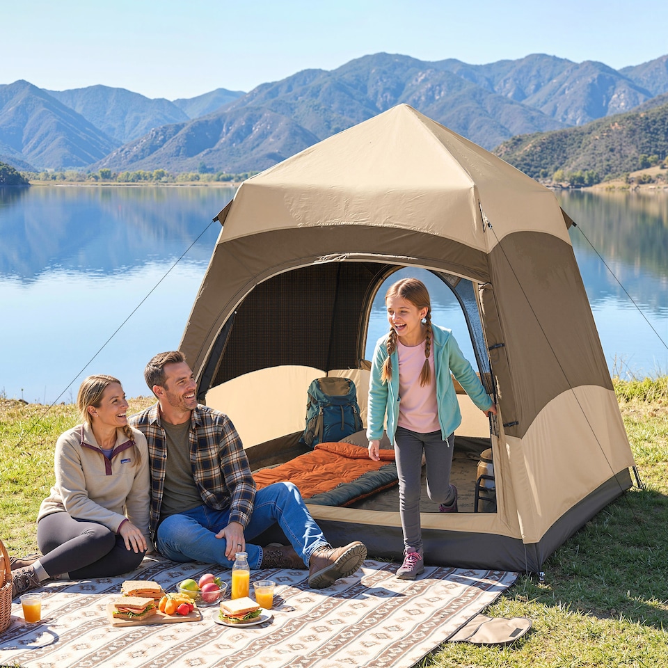 image 1 of Outsunny Double Layer Pop Up Tent with Rainfly, Portable Camping Shelter | Brown
