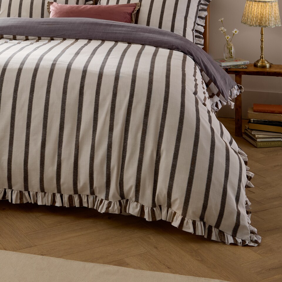 image 1 of Wylder Connie Striped Ruffle Duvet Cover Set | Brown | Chocolate | King | 1