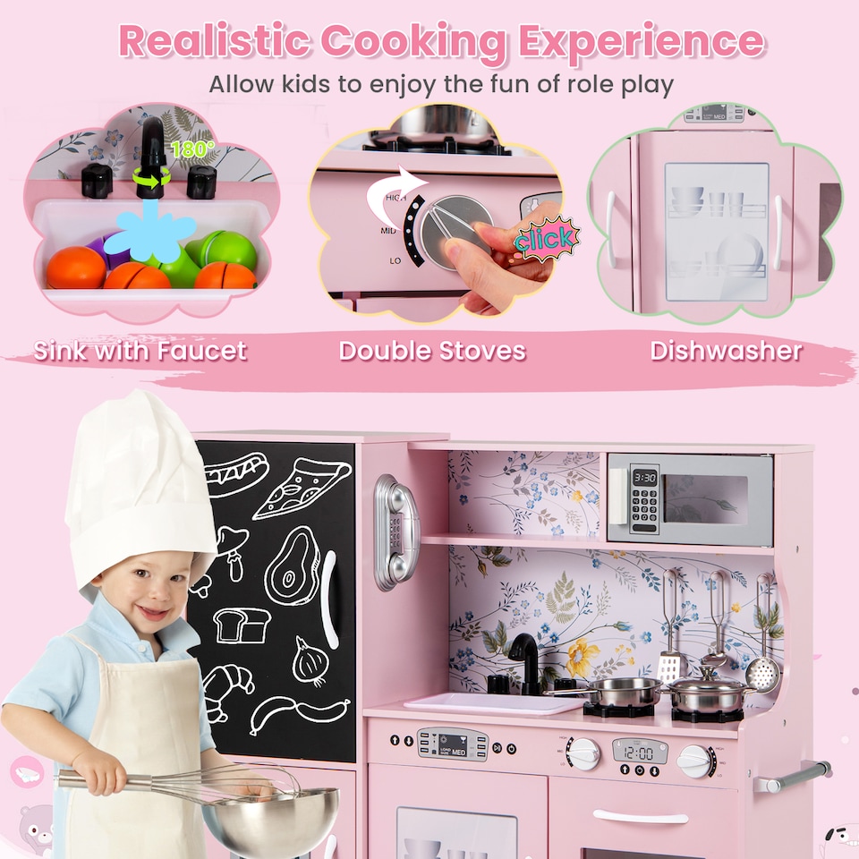 image 1 of COSTWAY Wooden Play Kitchen Kids Pretend Play Toy Microwave Ice Make Pink