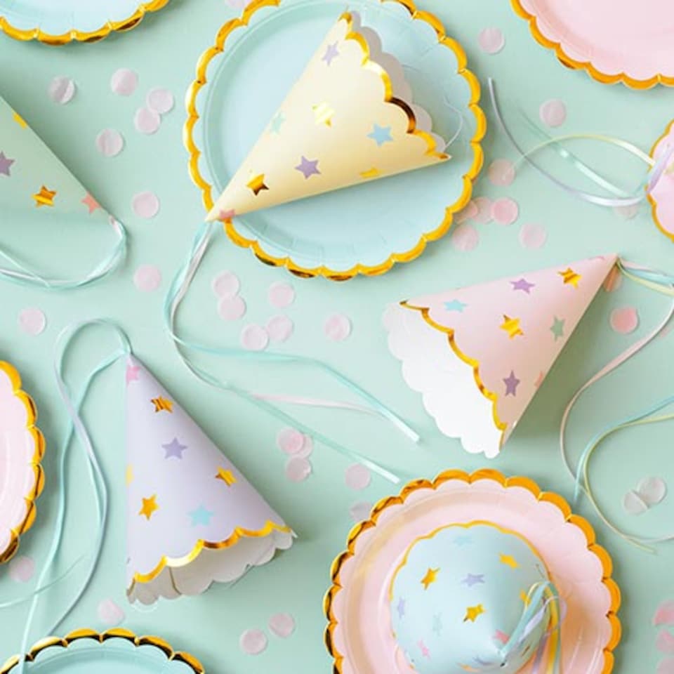 image 1 of Pastel Stars Paper Party Hats with Satin Ribbon - Pack of 6