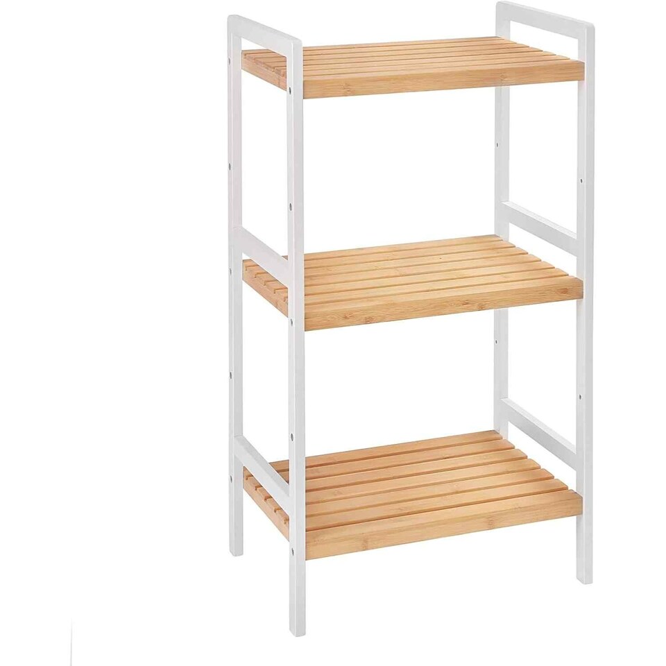 image 1 of Bamboo Storage Shelf with 3 Tiers, Multipurpose Organiser for Bathroom, Kitchen and Bedroom, Natural and White