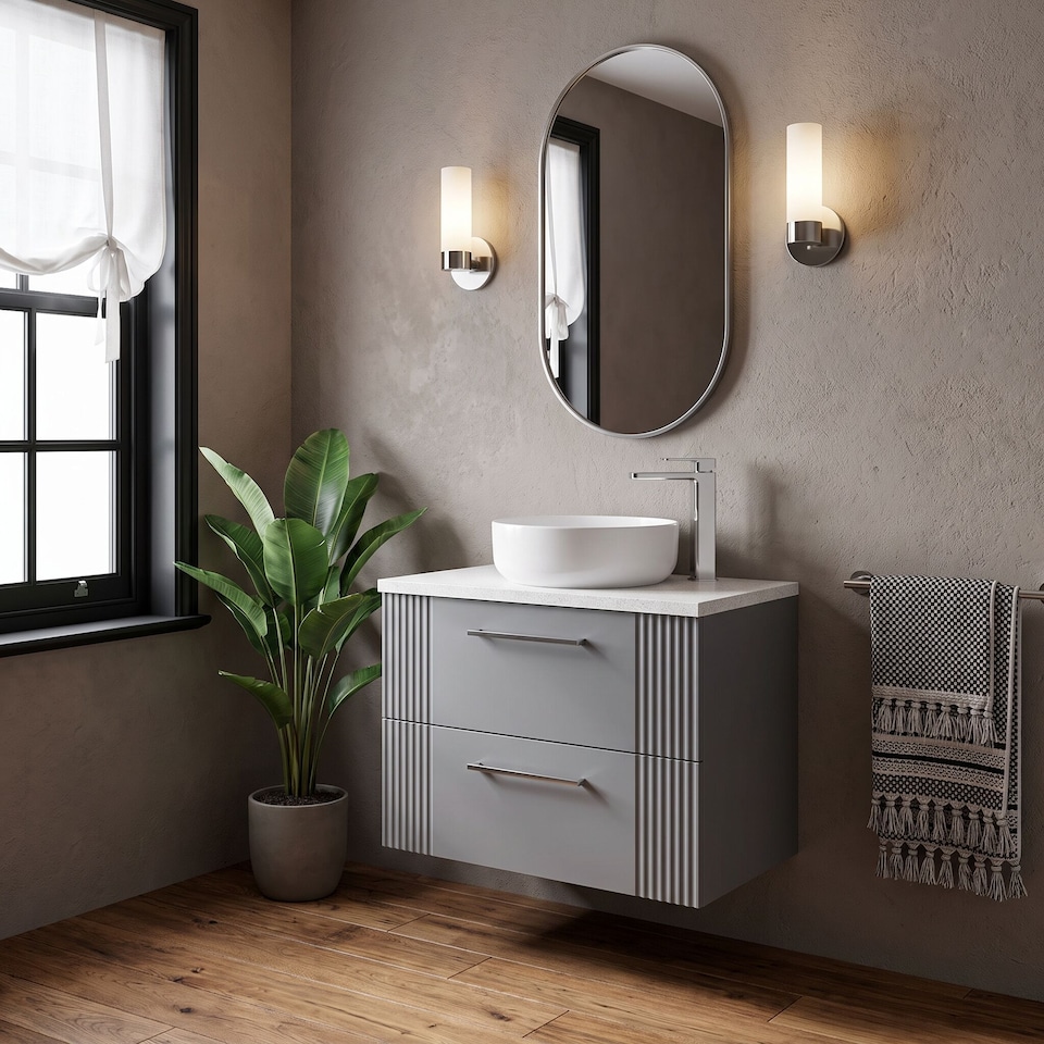image 1 of Balterley Partial Fluted 2 Drawer Wall Hung Vanity Unit with Sparkling Laminate Worktop | Grey | Satin Grey