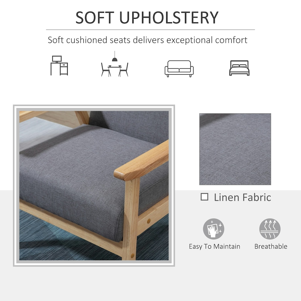 image 1 of HOMCOM Accent Chair with Wood Frame Wide Seat Linen Armchair Grey