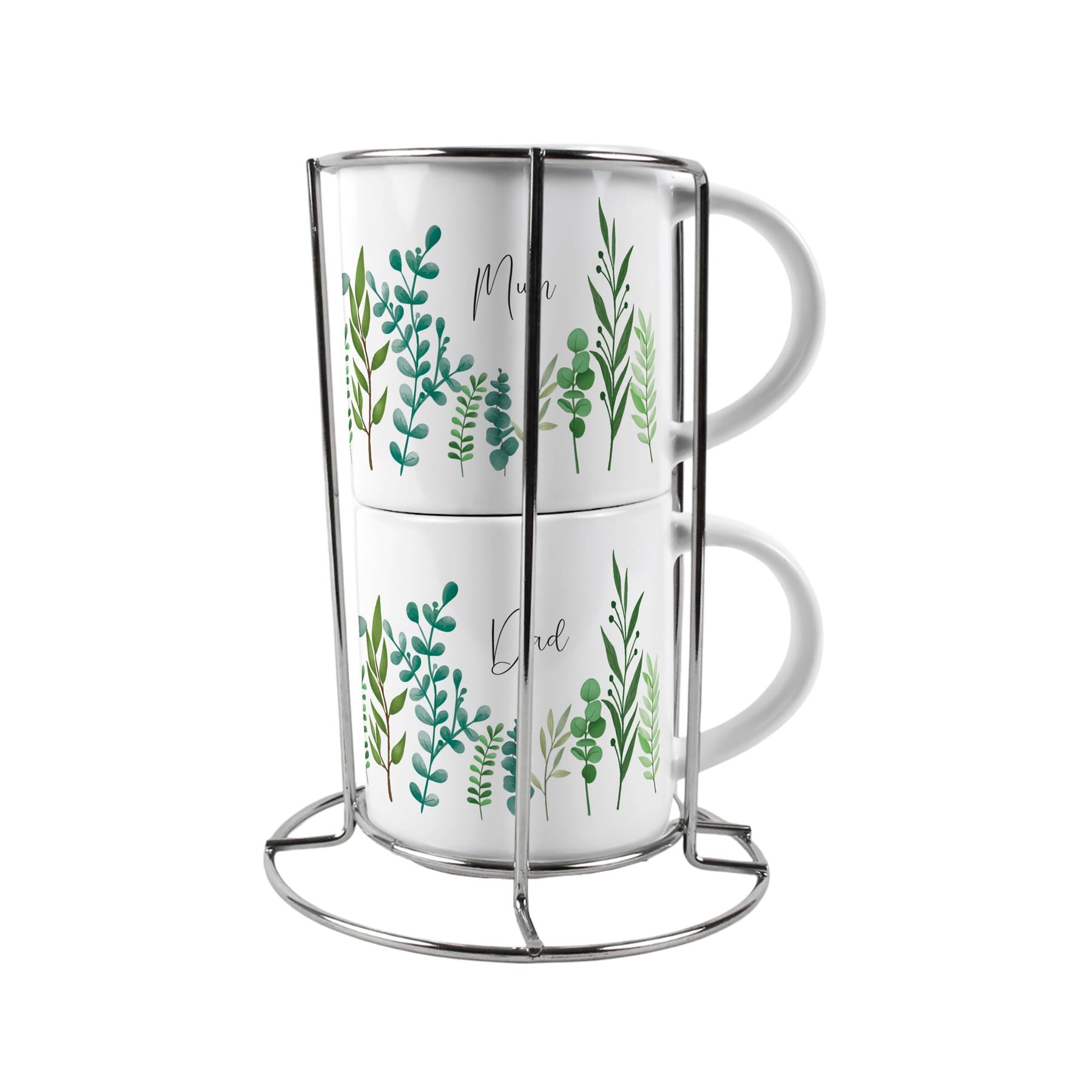 Mum & Dad Stacking Mugs Set - Green Ferns Gifts for Grandparents Ceramic Cups Set of 2 with Metal Stand White