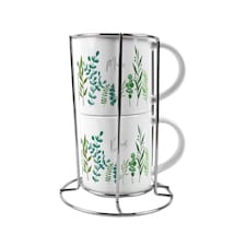 Mum & Dad Stacking Mugs Set - Green Ferns Gifts for Grandparents Ceramic Cups Set of 2 with Metal Stand | White