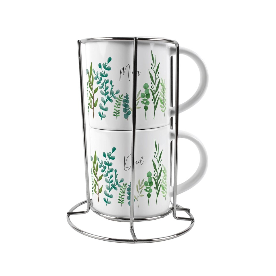 image 1 of Mum & Dad Stacking Mugs Set - Green Ferns Gifts for Grandparents Ceramic Cups Set of 2 with Metal Stand | White