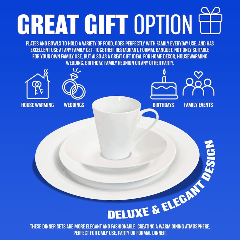 image 1 of 16 Piece Dinner Set Plain White Dinnerware Plates Mugs Home Tableware