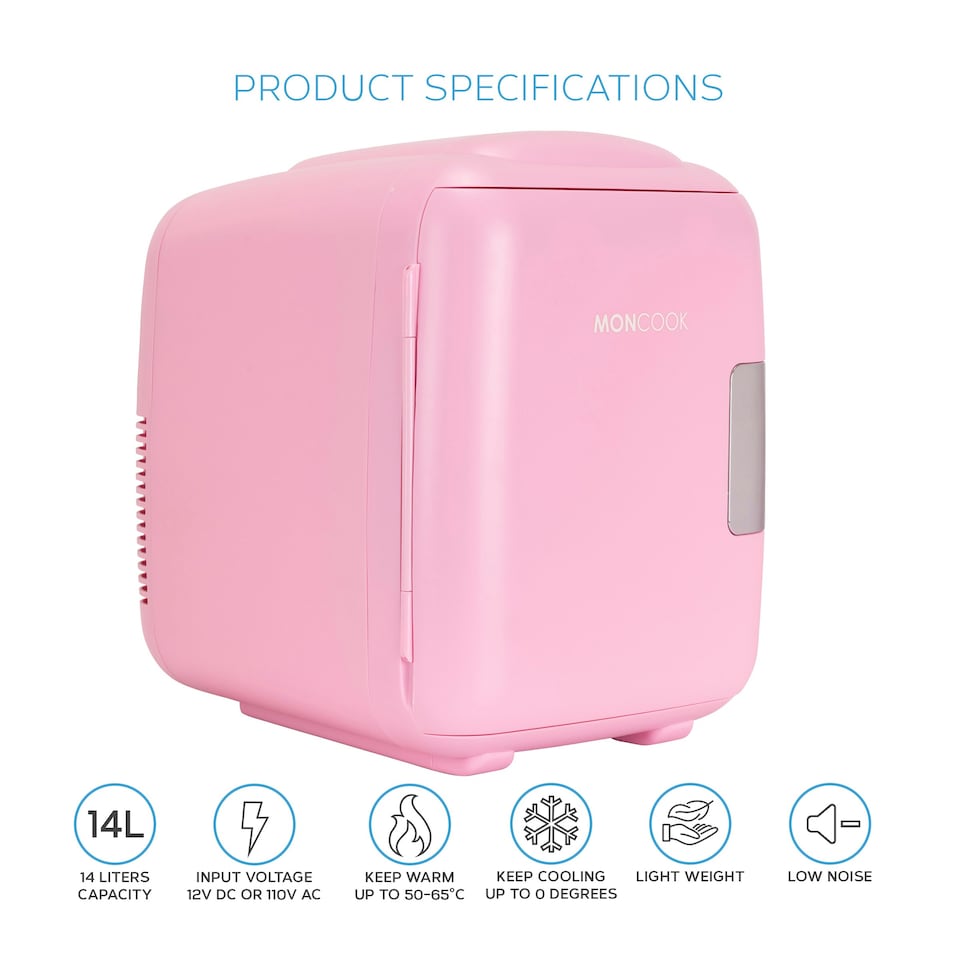 image 1 of MONCOOK Mini Fridge For Bedrooms - Small, Portable & Quiet Mini Fridges For Skincare, Medicine, Food & Drinks - Cooling & Warming Function - 14L - Pink Mono