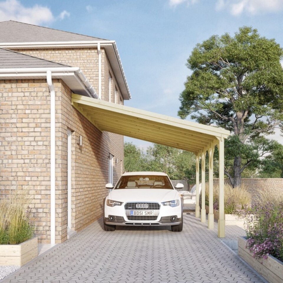 image 1 of Felt Shingle Roof Car Port 4 Post - Wood - L350 x W722 cm - Light Green | Brown