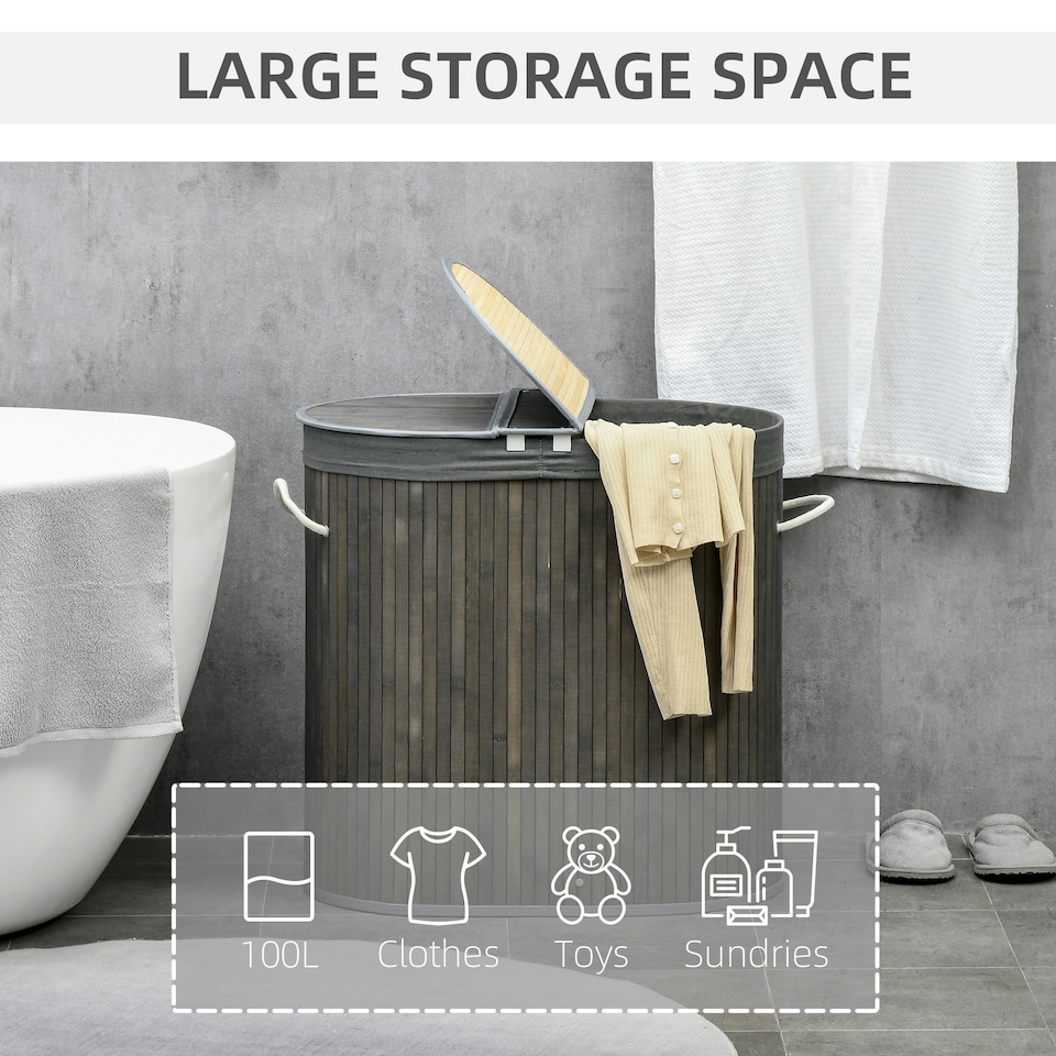 image 1 of HOMCOM 100L Bamboo Laundry Basket w/ 2 Compartments Washing Baskets Grey