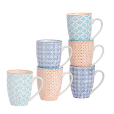 Nicola Spring Nicola Spring Hand-Printed Mugs - 330ml - 3 Colours - Pack of 6 | Multi | Multi | 6