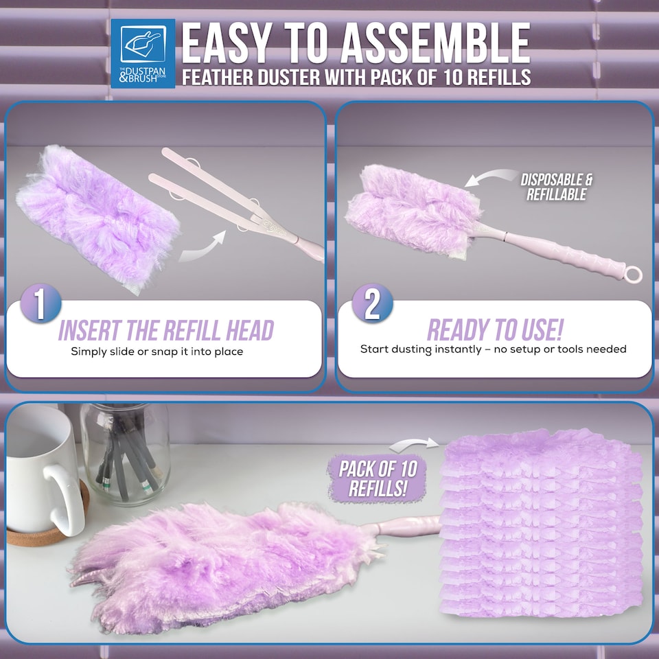 image 1 of Purple Feather Duster with 10 Pack Microfibre Refill Heads, Reusable Handle with Hanging Eye