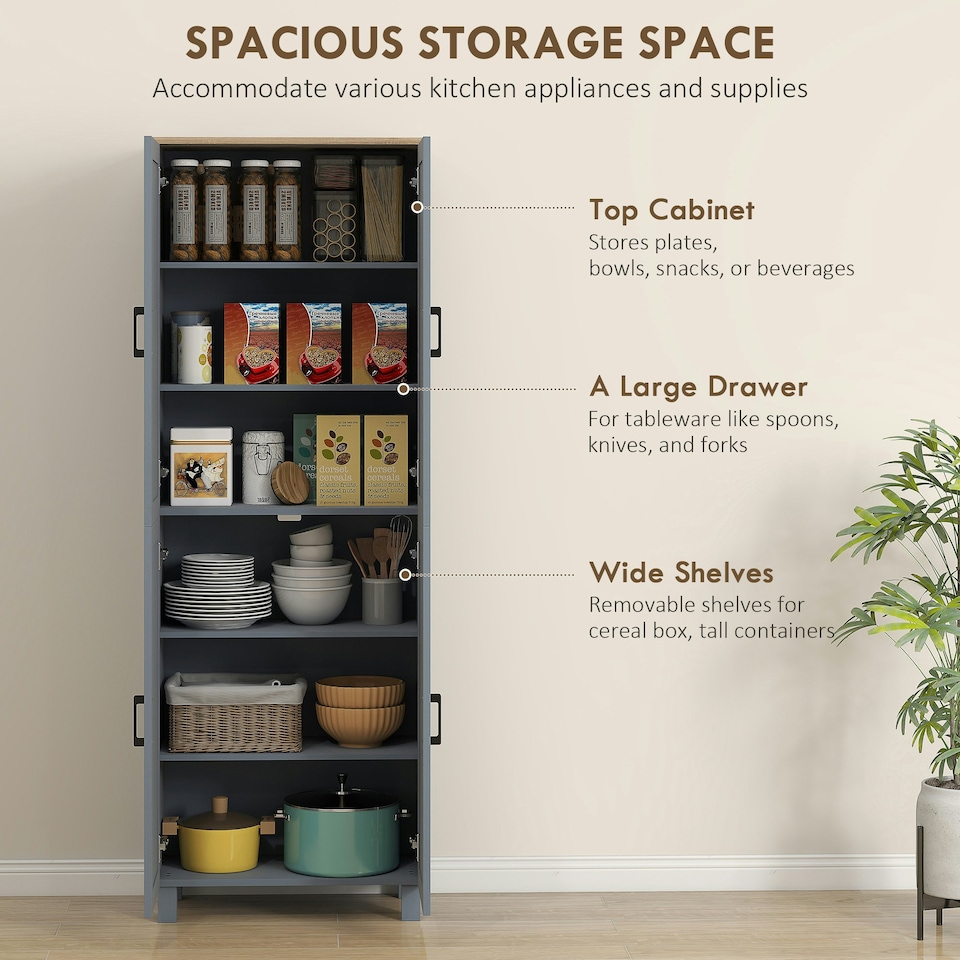 image 1 of HOMCOM Modern Kitchen Cupboard Storage Cabinet with 4 Shelves, Black Grey